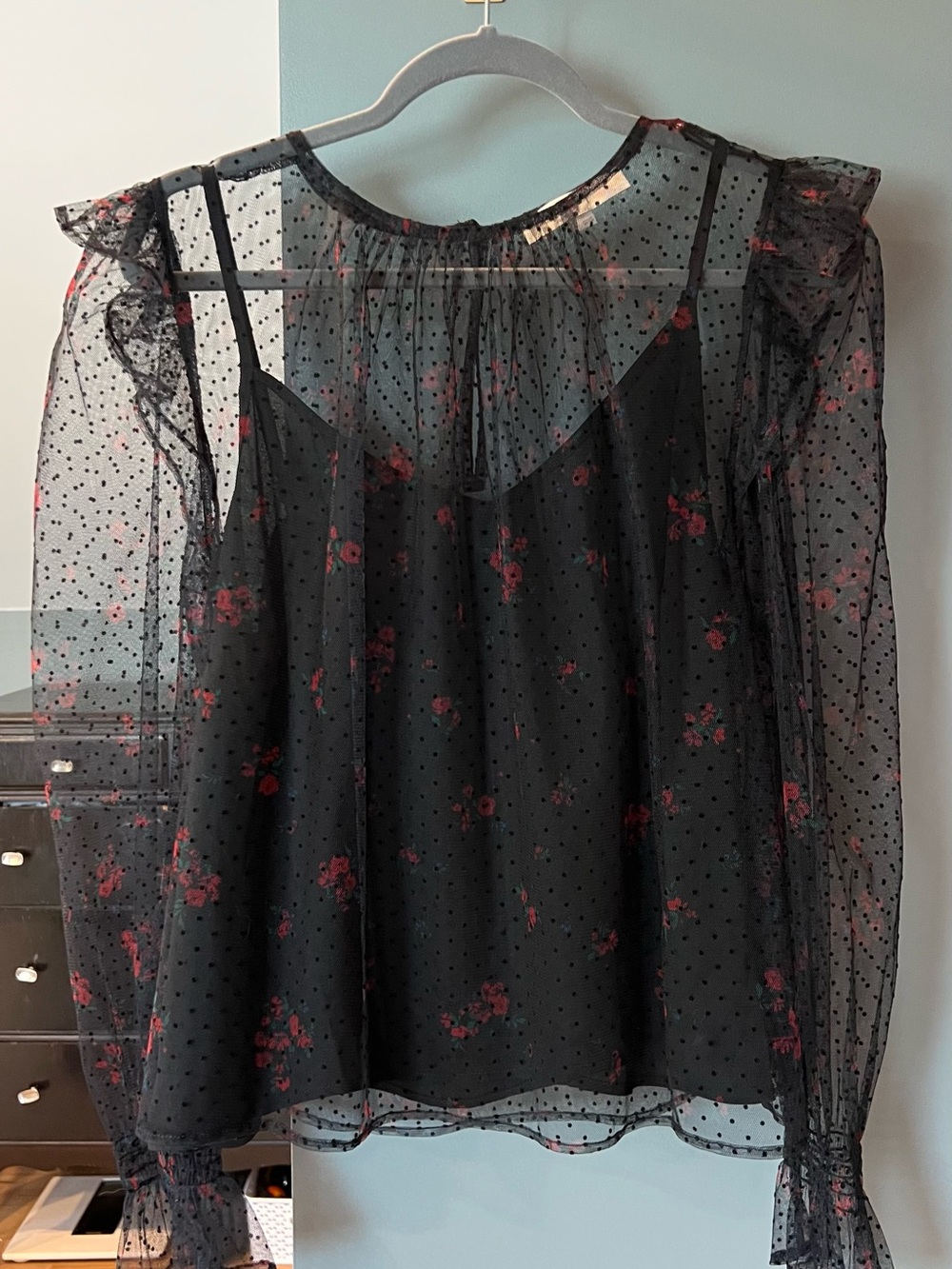 LOFT Black Sheer Polka Dot Top with Red Floral Print